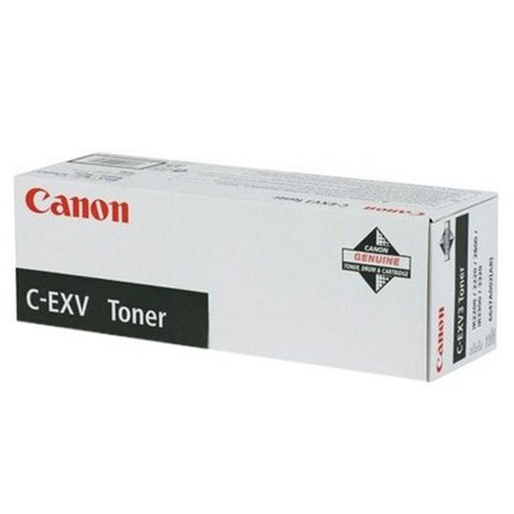 Een witte Canon tonerdoos met zwarte tekst en een zwarte streep op de voorkant.