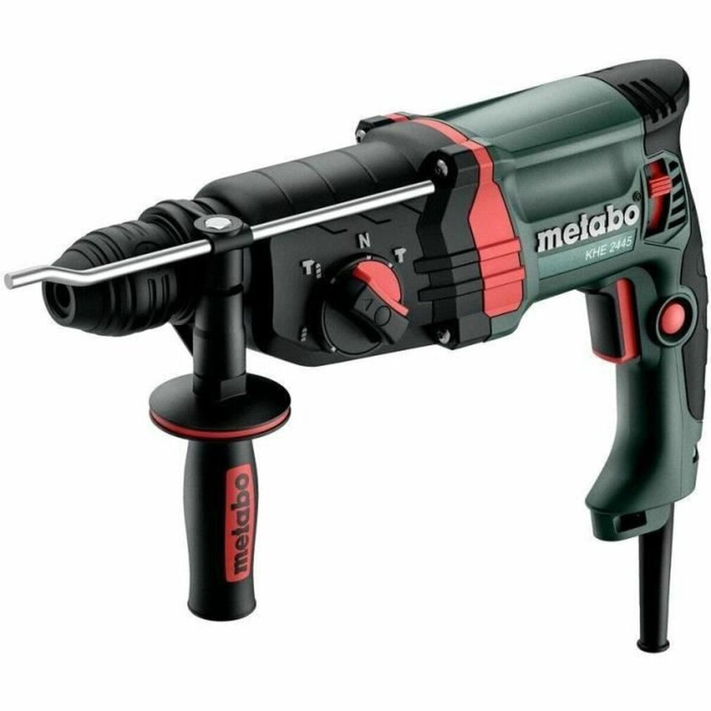 Un martello perforatore Metabo, verde e rosso, con manico nero, su sfondo bianco.