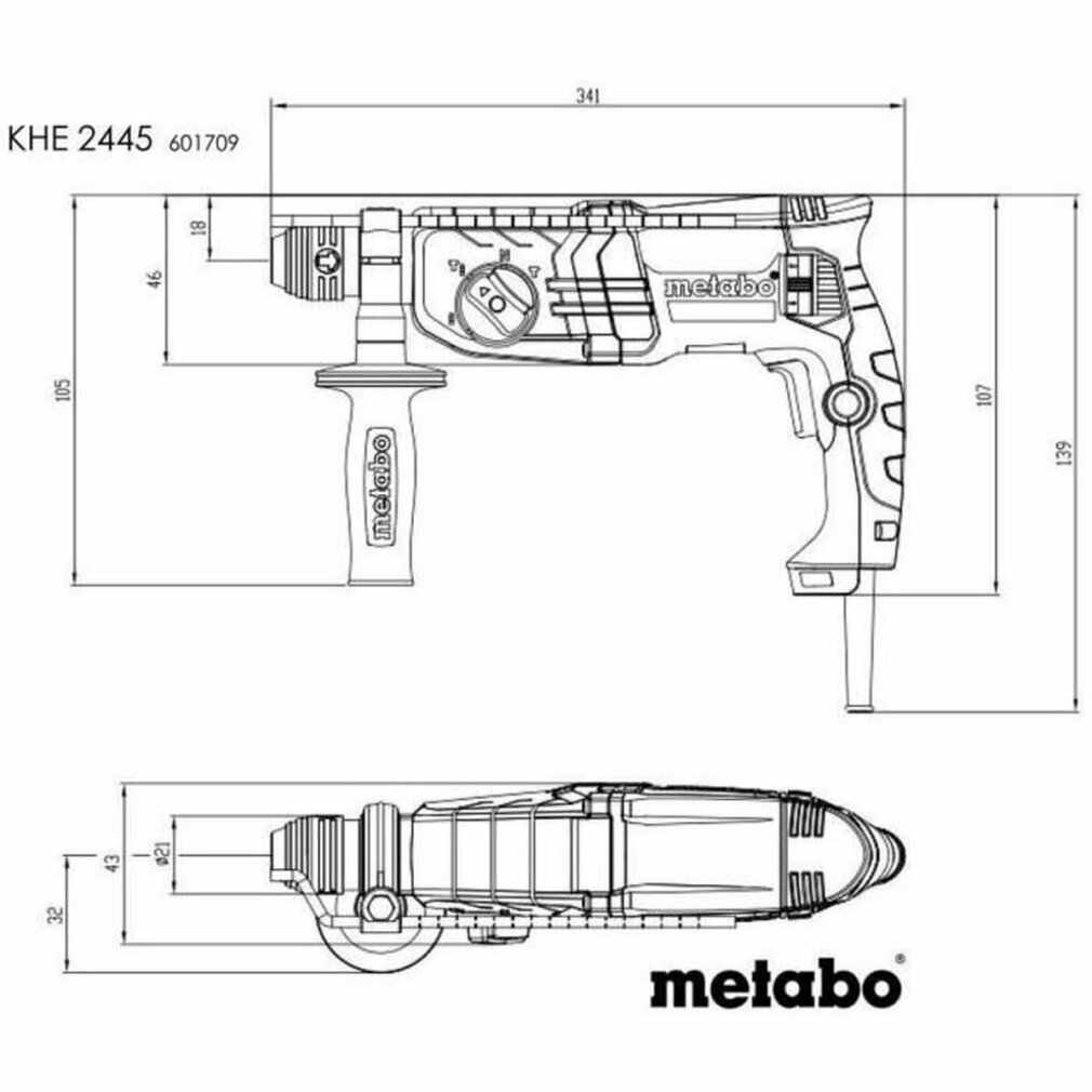 Disegno tecnico di un martello perforatore Metabo con dimensioni etichettate in nero.