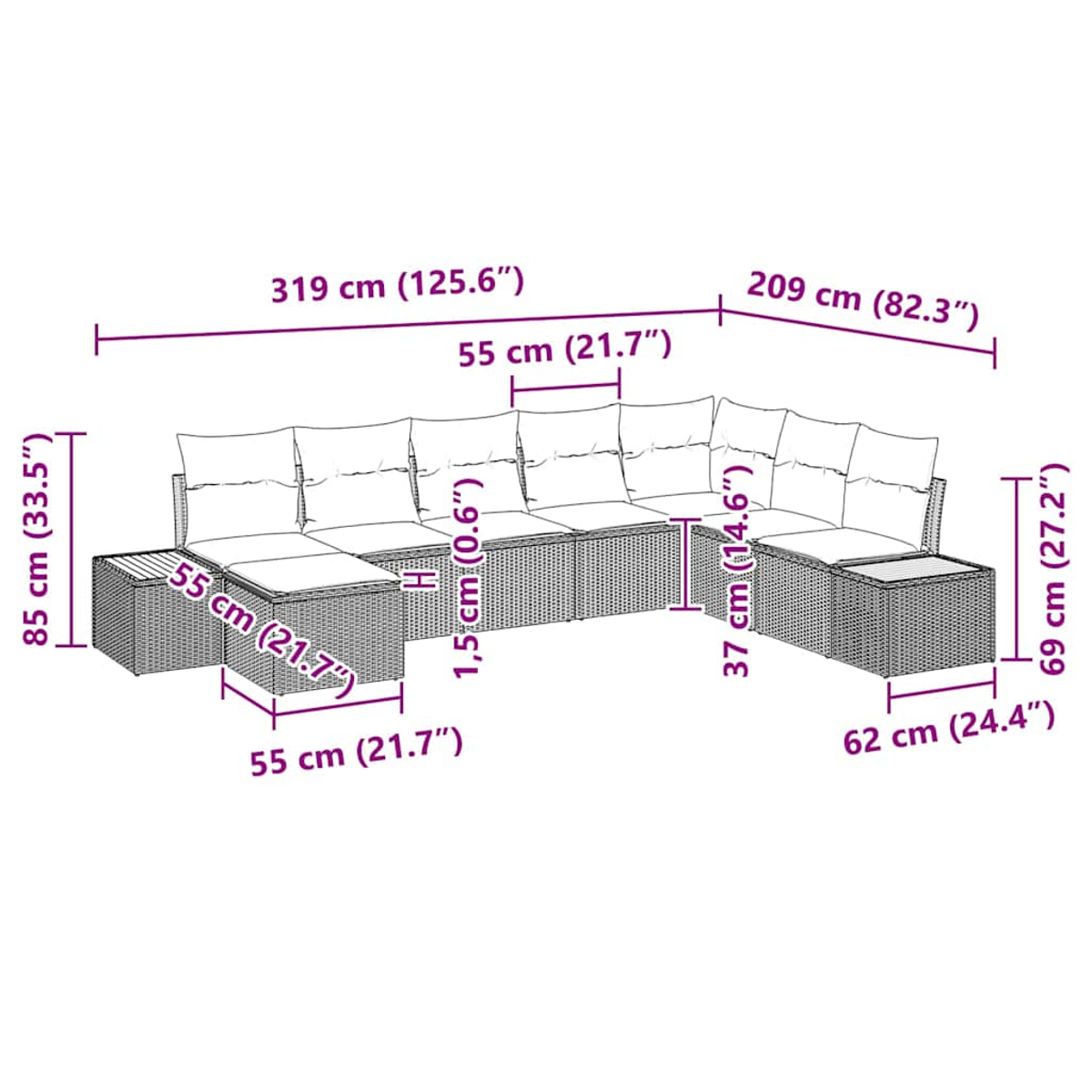 Ein großes Ecksofa aus Weide mit Maßen für jeden Abschnitt, einschließlich Kissen und Armlehnen.