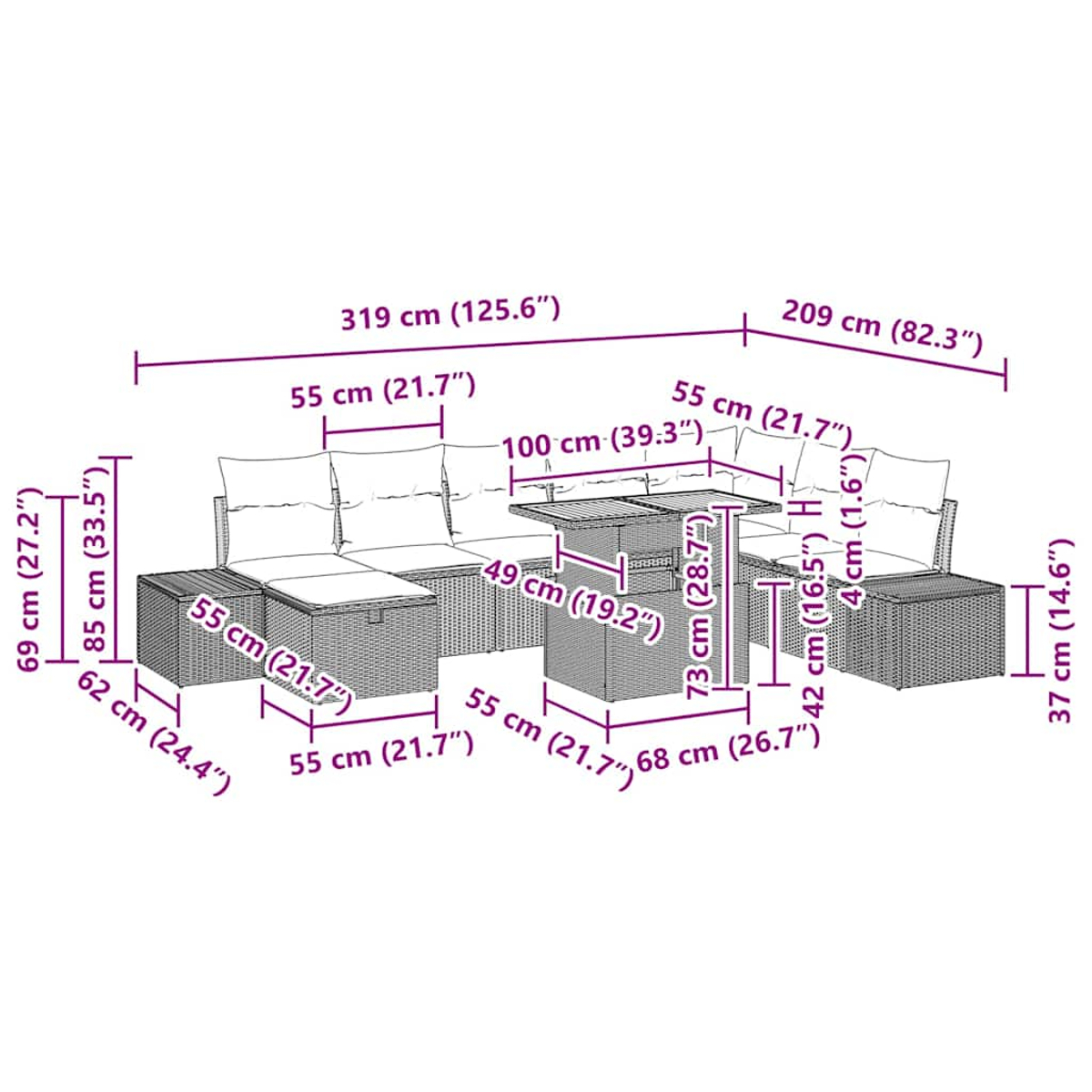 Gartenmöbel-Set mit Abmessungen in cm und Zoll. Enthält ein Sofa, einen Tisch und Stühle.