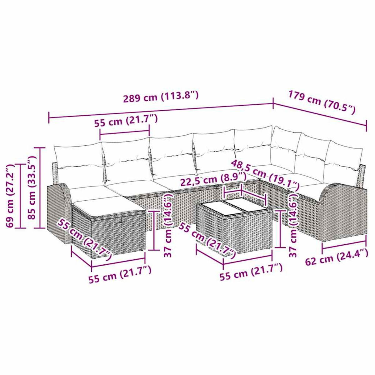 Ecksofa aus Weide mit Maßangaben, Kissen und Armlehnen, mit einem Couchtisch.