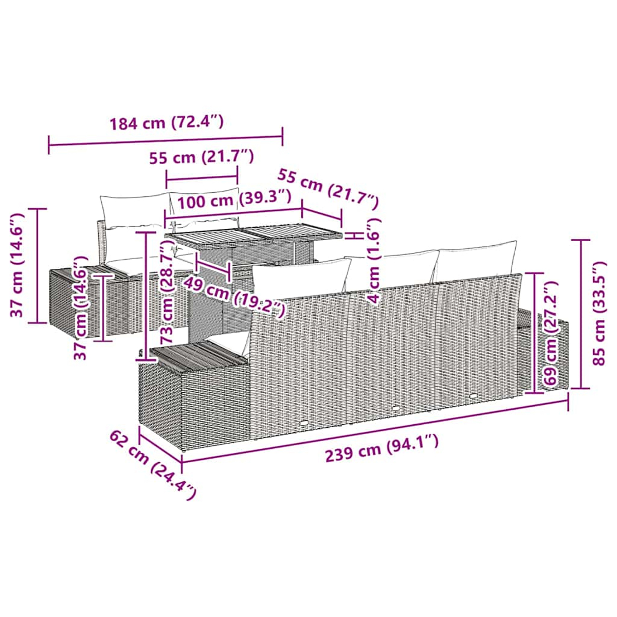 Ein Terrassenset mit modularen Sitzelementen und einem Tisch, alles aus einem Webmaterial mit Kissen.