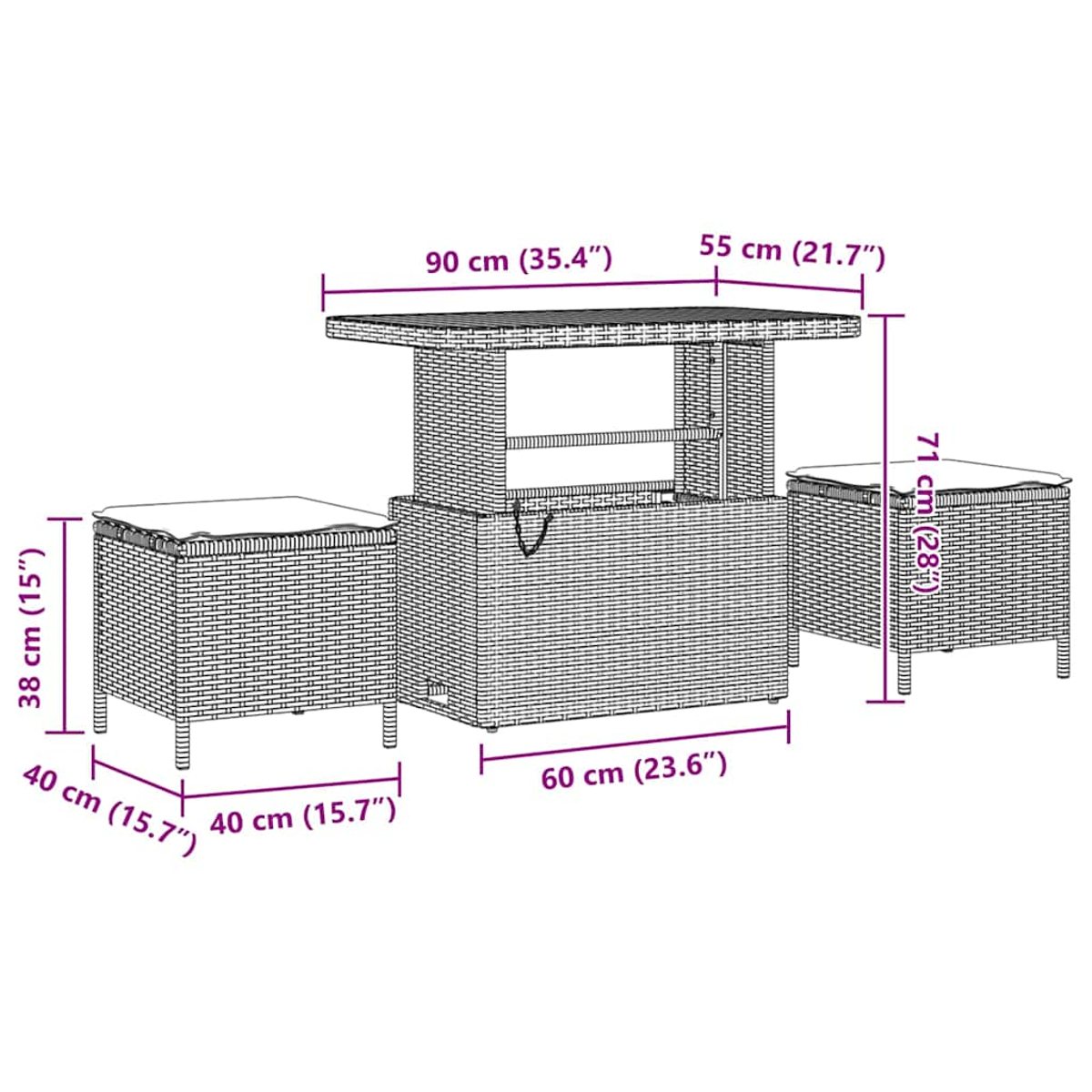 Tavolo in vimini e due sgabelli con dimensioni etichettate, che mostrano un tavolo da bar e sedute imbottite.