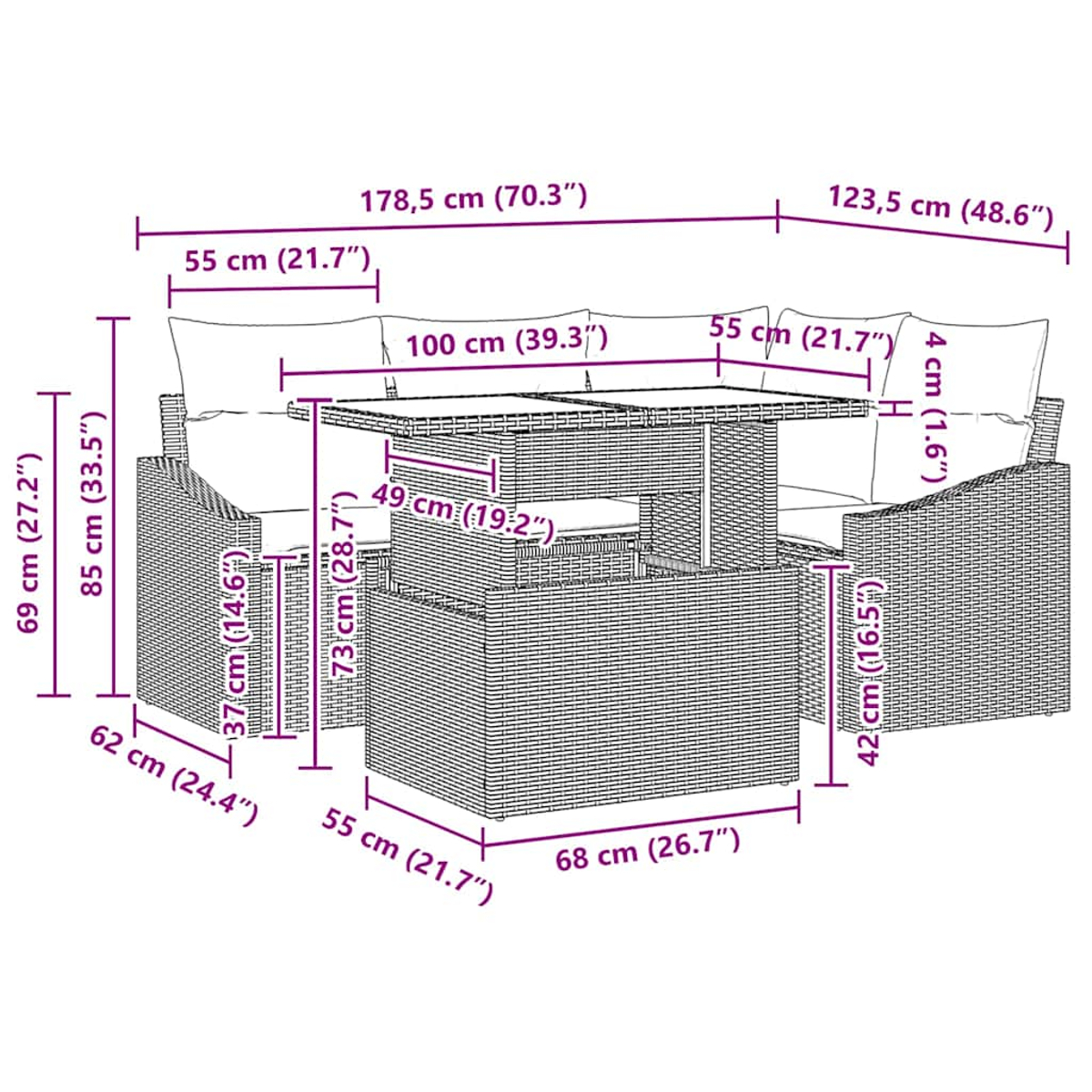 Ein Terrassenset mit modularen Sitzelementen und einem Tisch, alles aus einem Webmaterial mit Kissen.
