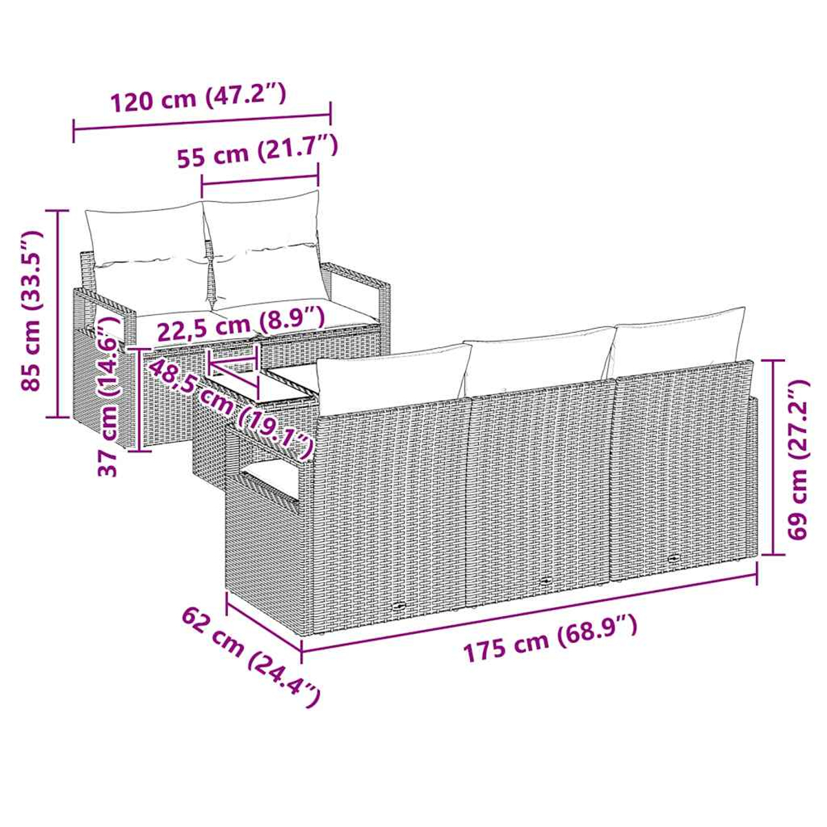 Ein Ecksofa für den Außenbereich mit einem Tisch. Die Abmessungen sind beschriftet.