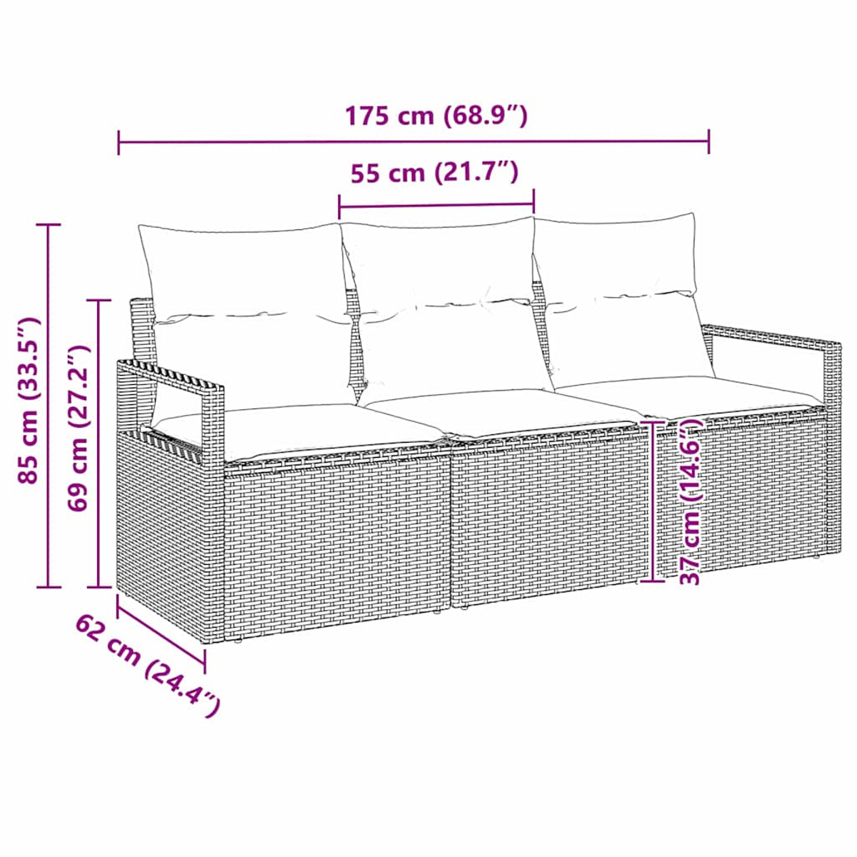 Ein Dreisitzer-Sofa mit Kissen, alles aus einem Webmaterial.