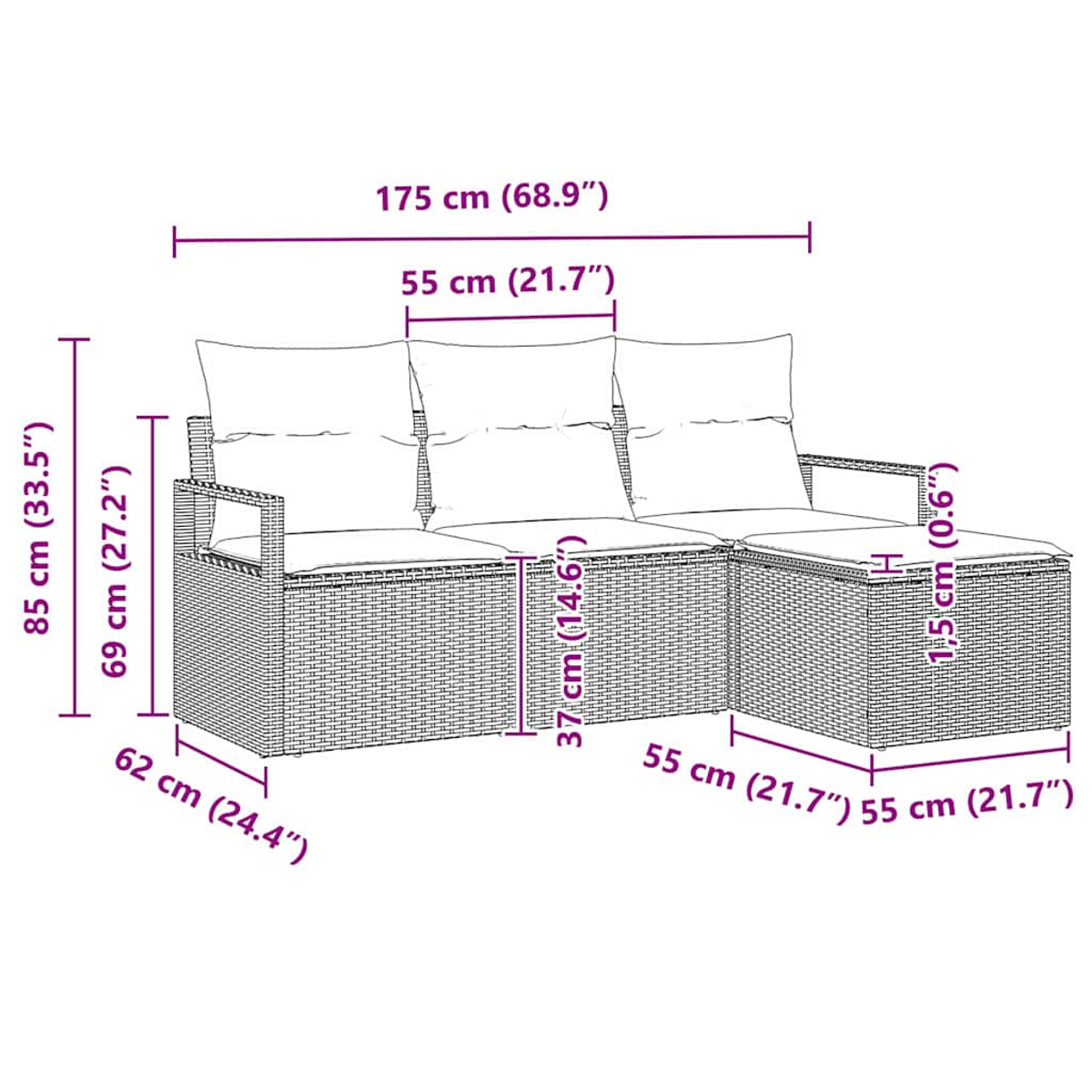 Ein Ecksofa für den Außenbereich mit beschrifteten Abmessungen. Mit Beistelltisch.