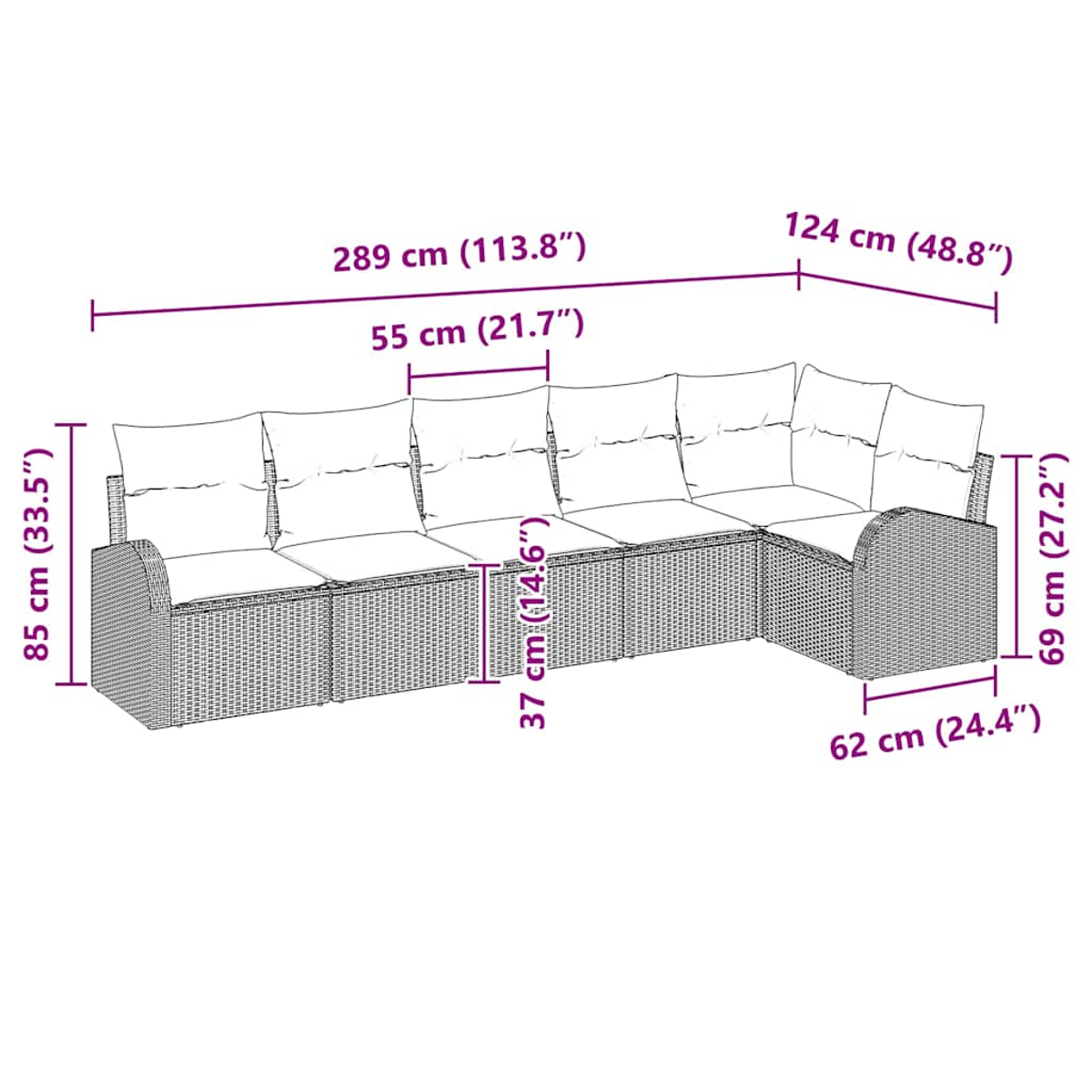 Ein Ecksofa mit Kissen, alles aus einem Webmaterial.