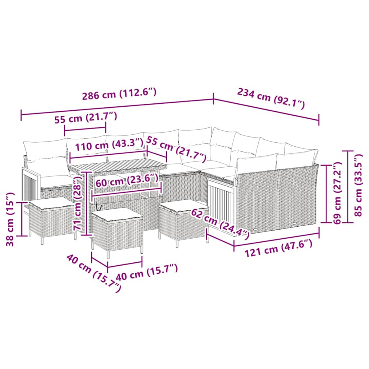 Ein Terrassenset mit modularen Sitzelementen, einem Tisch und Hockern, alles aus einem Webmaterial mit Kissen.