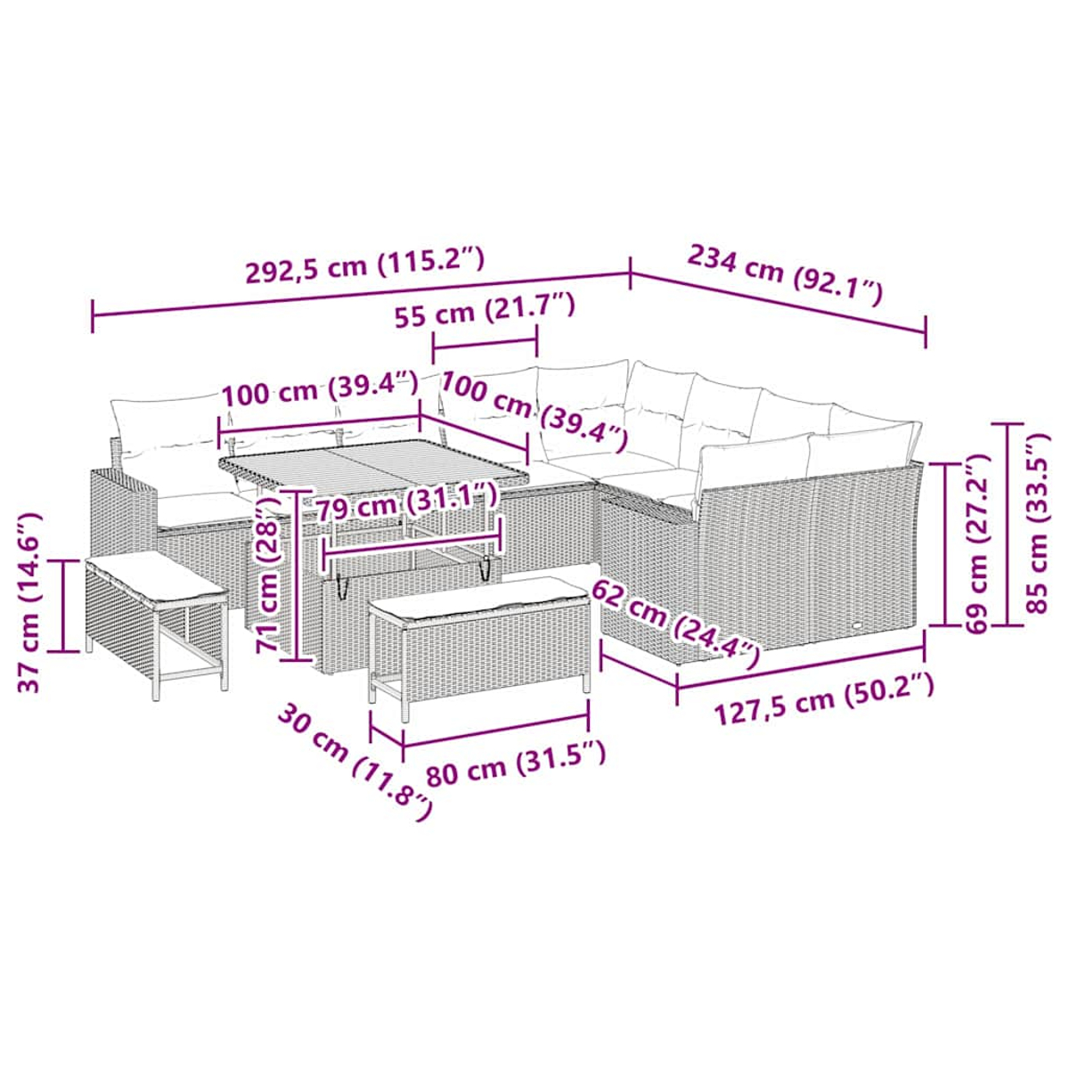 Ein Terrassenset mit modularen Sitzelementen, einem Tisch und Hockern, alles aus einem Webmaterial mit Kissen.