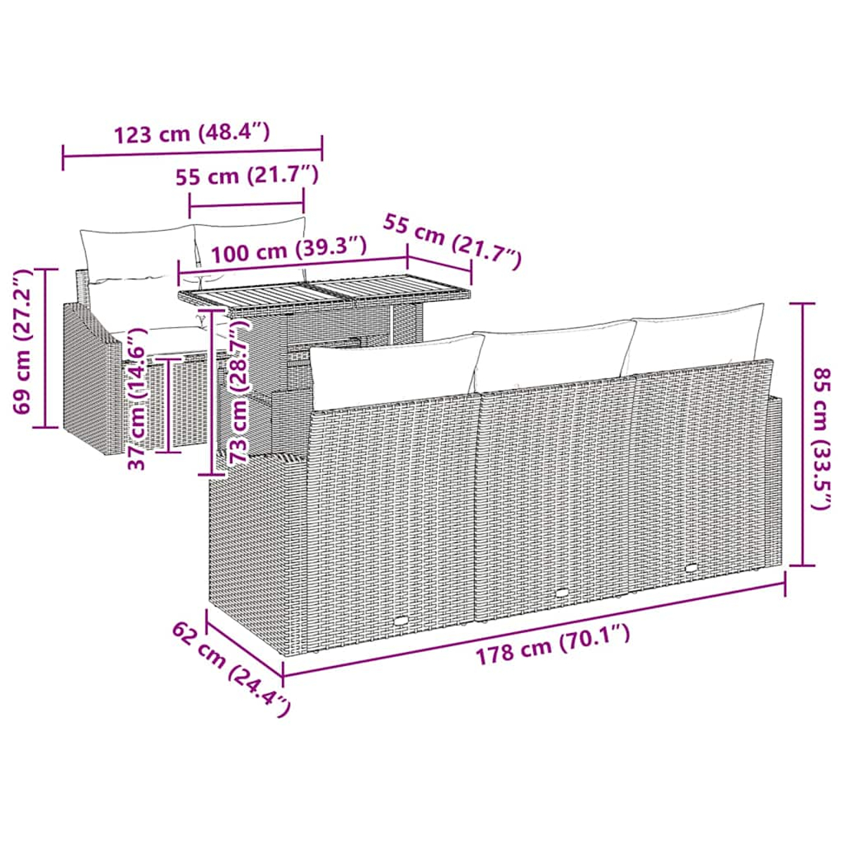 Ein Terrassenset mit modularen Sitzelementen und einem Tisch, alles aus einem Webmaterial mit Kissen.