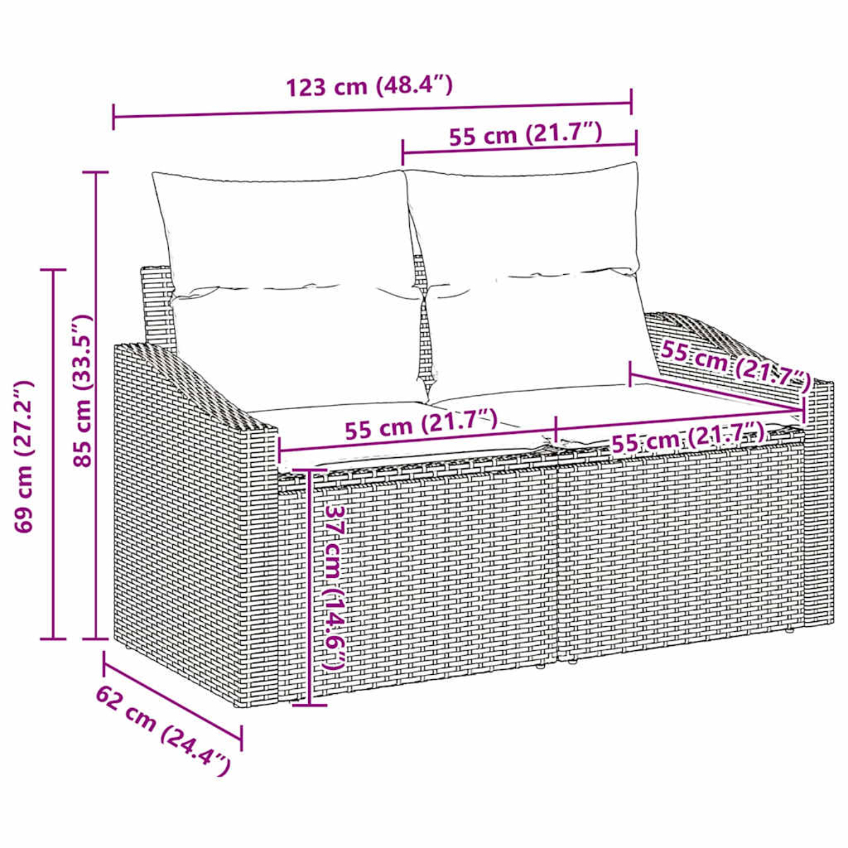 Ein Zweisitzer-Sofa mit Kissen, alles aus einem Webmaterial.