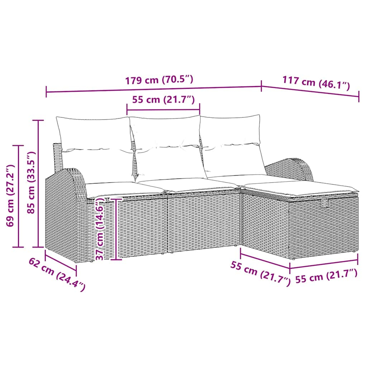 Ein Ecksofa für den Außenbereich mit Abmessungen. Mit 3 Kissen und einem Beistelltisch.