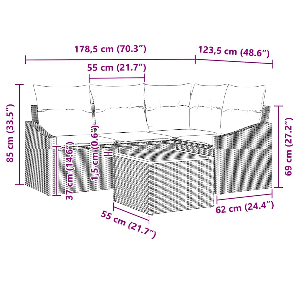 Ein Ecksofa mit Kissen, alles aus einem Webmaterial, mit einem kleinen Tisch.