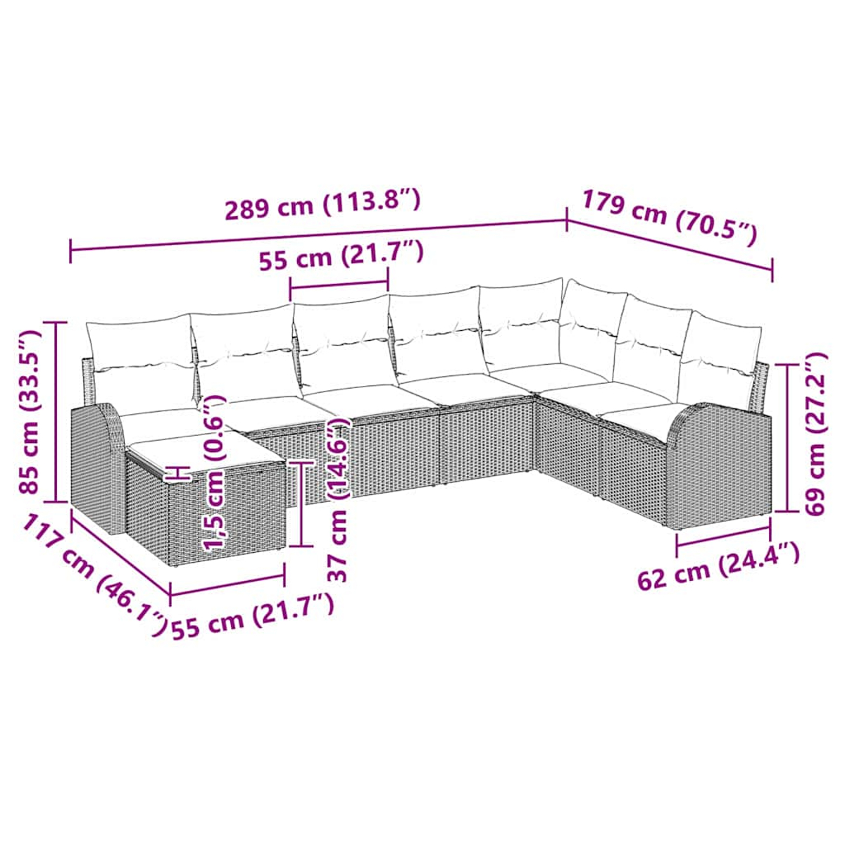 Ein Korbmöbel-Set. Abmessungen sind beschriftet. Das Set ist grau, hat weiße Kissen und eine Ottomane.