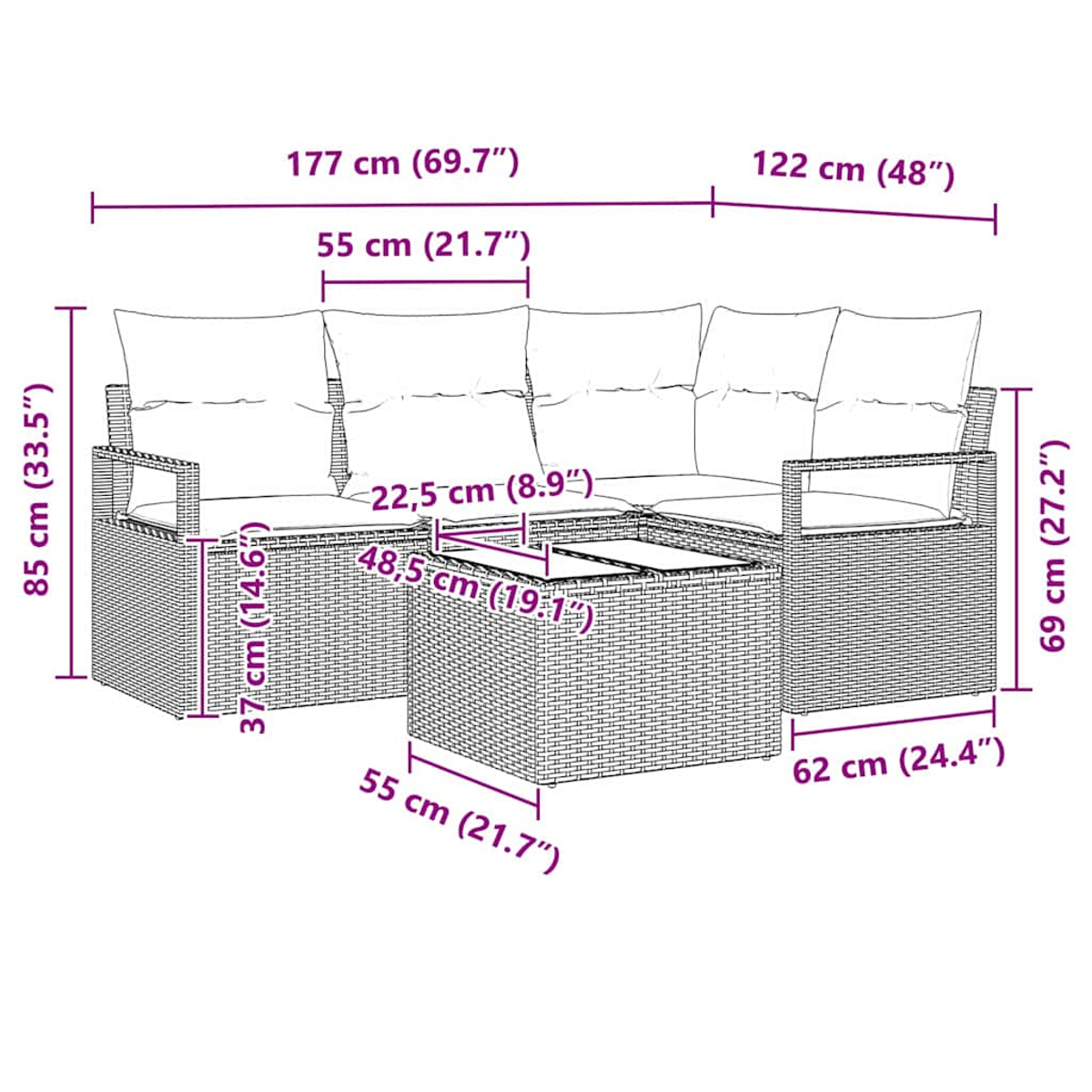 Ein Korbmöbel mit Maßen. Es ist ein L-förmiges Sofa mit Kissen und einem kleinen Tisch.
