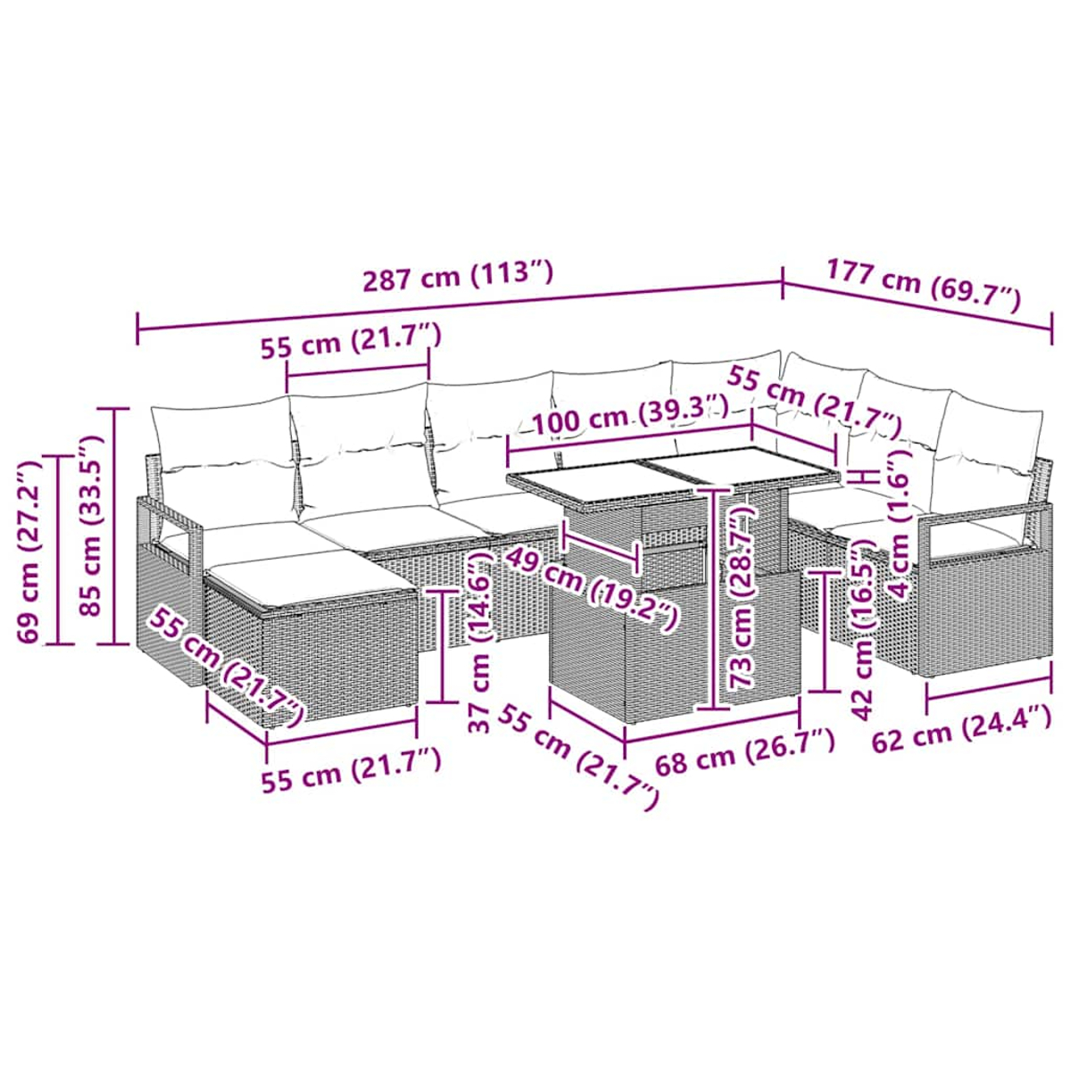 Ein Korbmöbel-Set mit Maßen und einem Tisch. Es umfasst ein L-förmiges Sofa und einen Tisch. Detaillierte Maße.