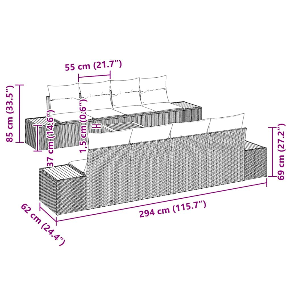 Ein Korbmöbel-Set mit Maßen. Es besteht aus einem langen Sofa und einem kleinen Tisch, mit angegebenen Maßen.
