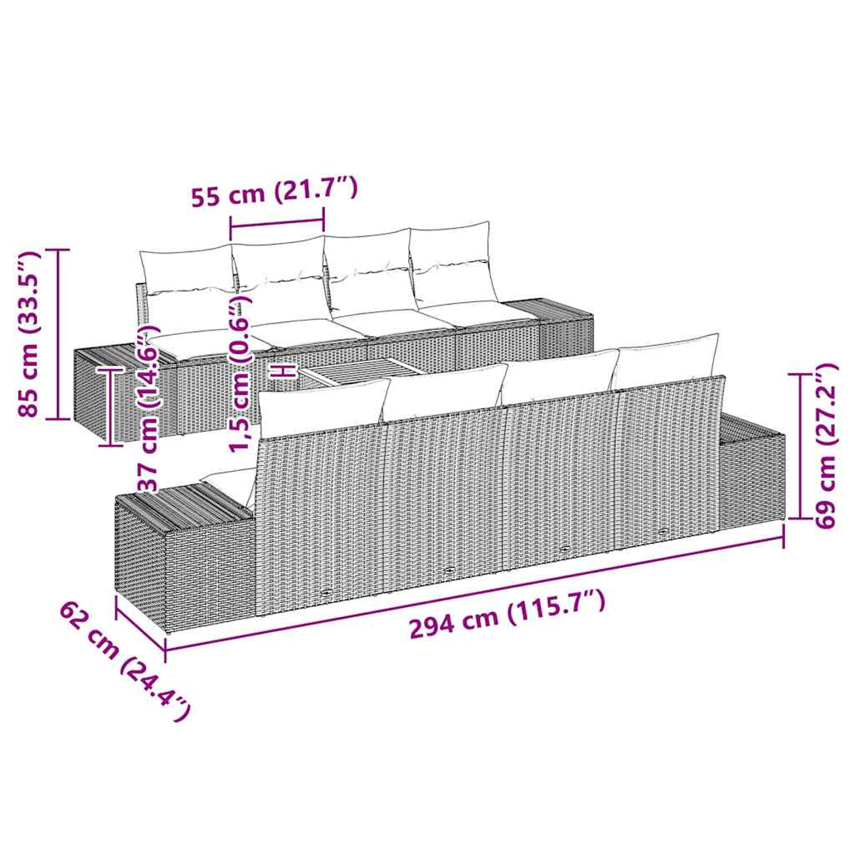 Ein Korbmöbel-Set mit Maßen. Es umfasst ein langes Sofa und einen Tisch. Kissen sind sichtbar.