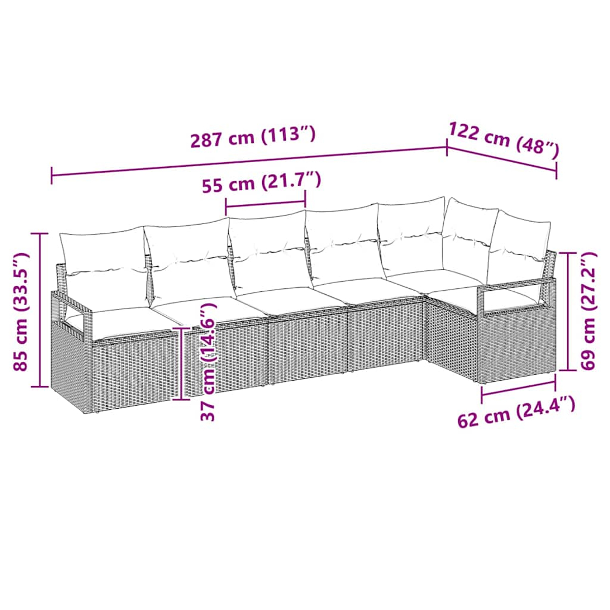 Ein Ecksofa für den Außenbereich in hellem Braun, geflochtenes Muster, mit Maßangaben in cm und Zoll.