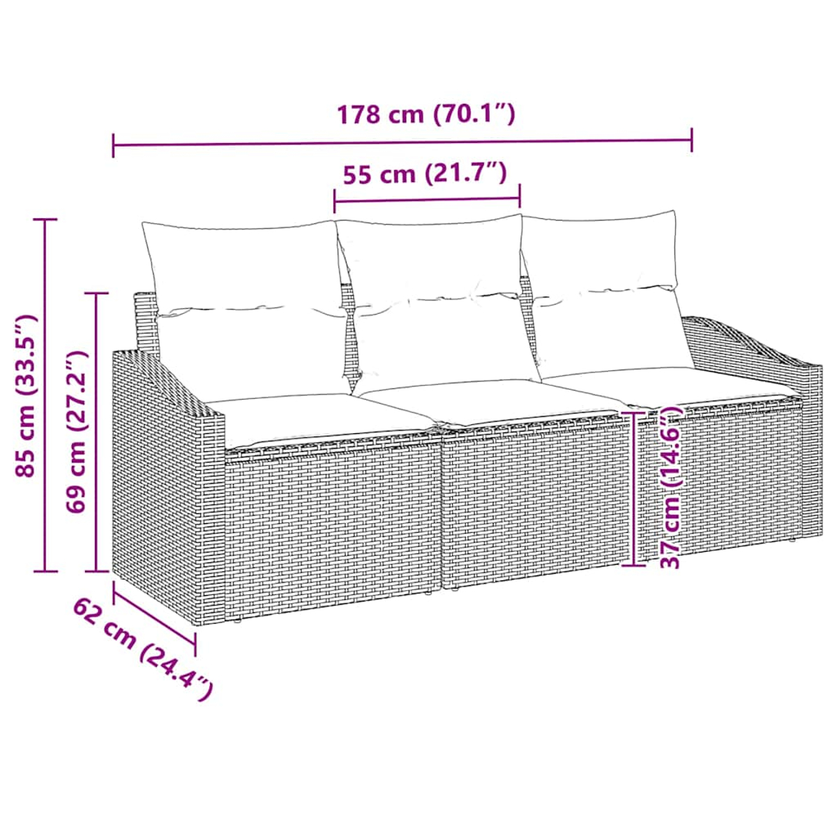 Ein Sofa für den Außenbereich in hellem Braun, geflochtenes Muster, mit Maßangaben in cm und Zoll.