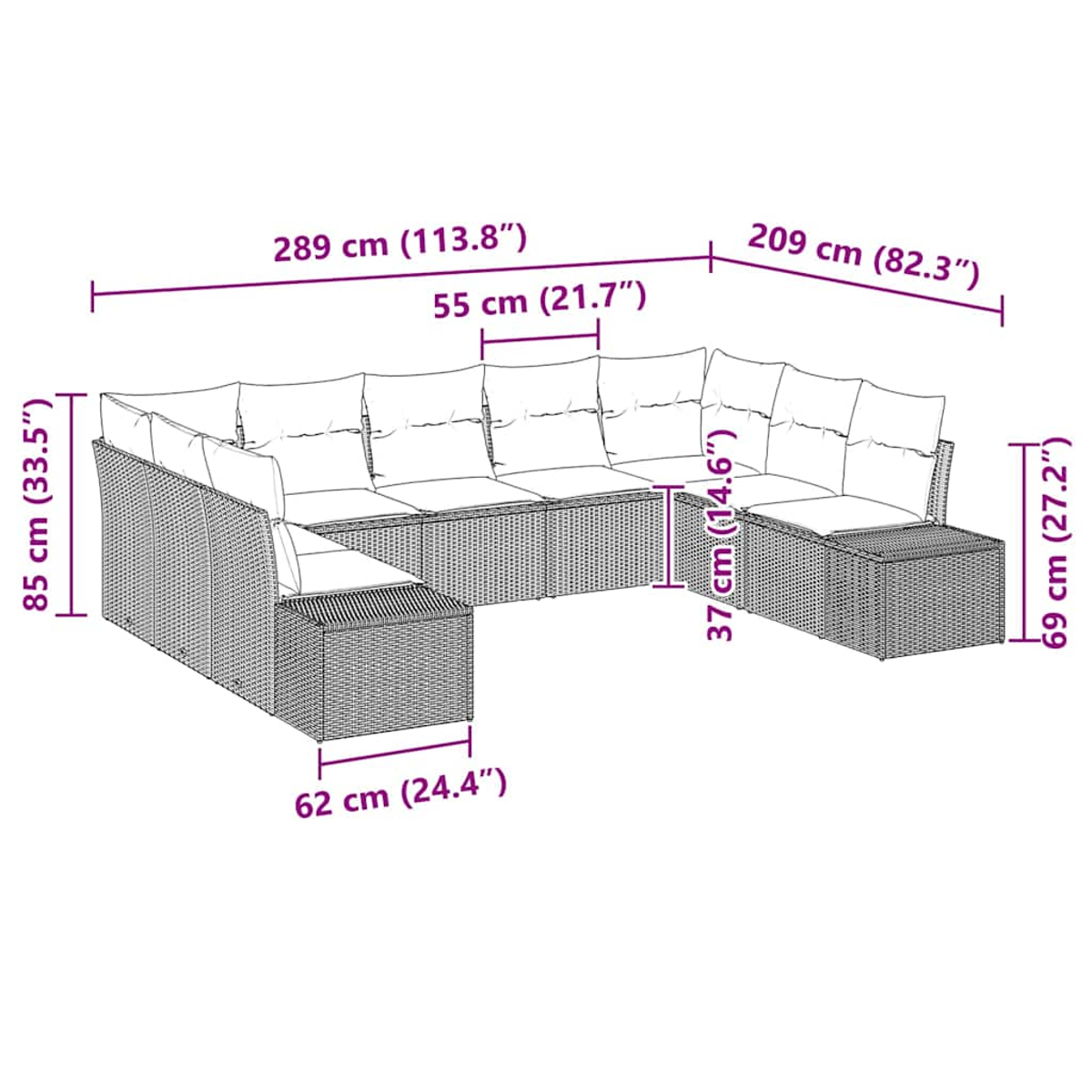 Ein geflochtenes Sofaset mit Abmessungen in cm und Zoll. Enthält ein L-förmiges Sofa und einen Tisch.
