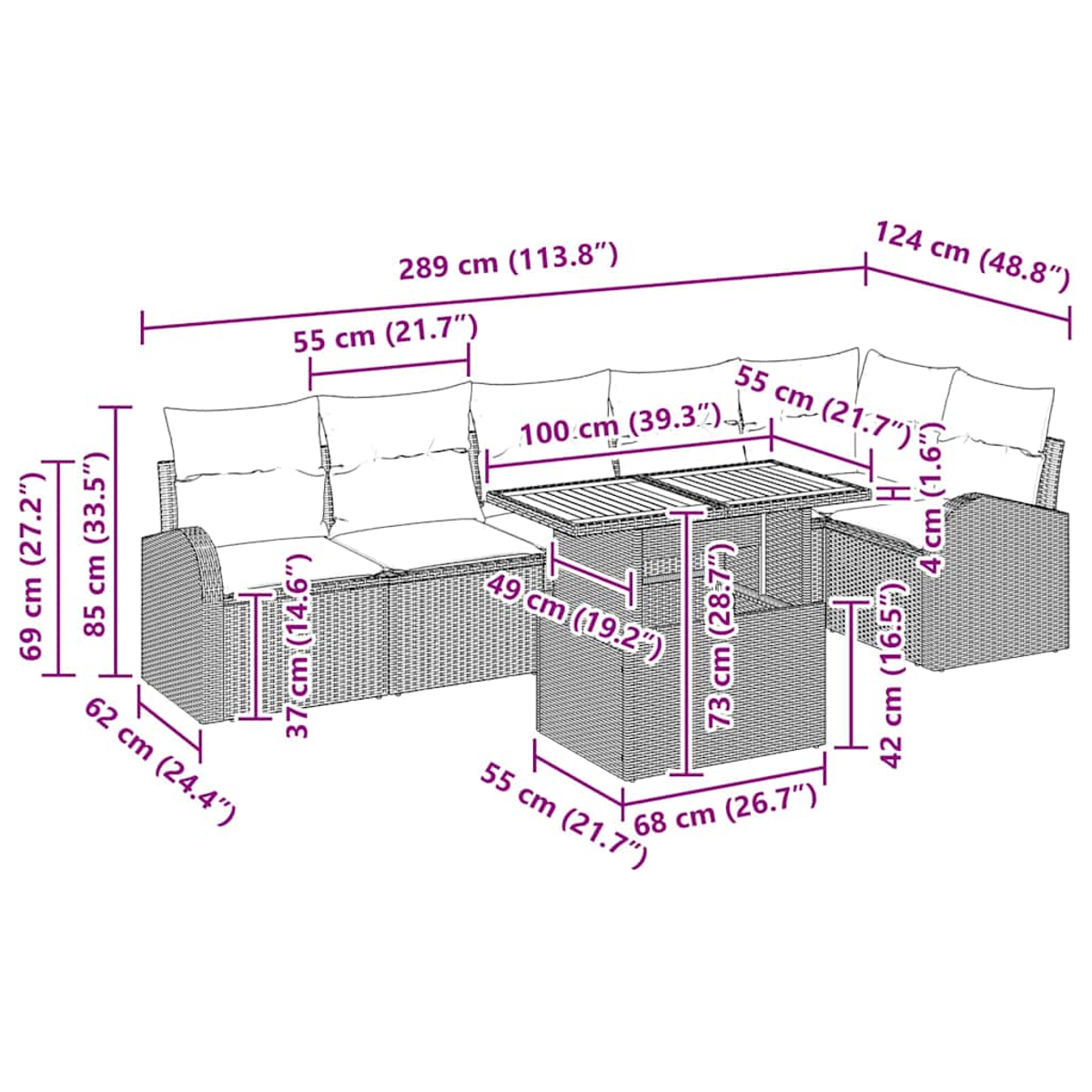 Geflochtenes Sofaset mit Abmessungen in cm und Zoll. Enthält einen Tisch und L-förmige Sitzgelegenheiten mit Kissen.