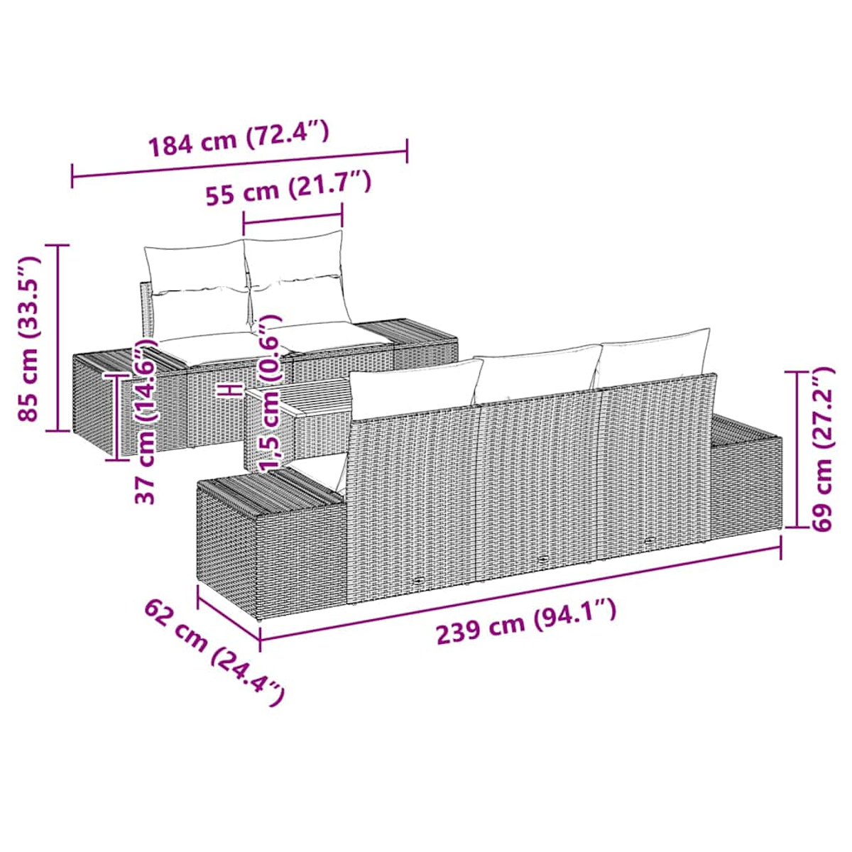 Ein geflochtenes Sofaset mit Kissen und Abmessungen in cm und Zoll. Enthält ein Sofa und einen separaten Sitz.