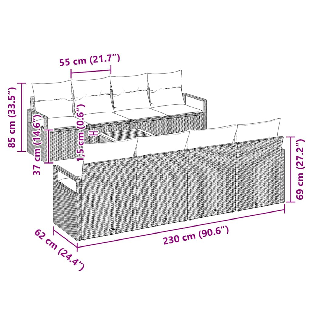 Ein geflochtenes Sofaset mit Kissen und Abmessungen in cm und Zoll. Enthält ein Sofa und einen Tisch.