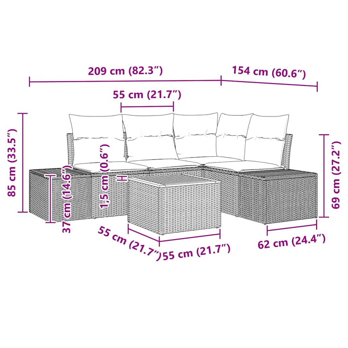 Ein geflochtenes Sofaset mit Kissen und Abmessungen in cm und Zoll. Enthält ein L-förmiges Sofa und einen Tisch.