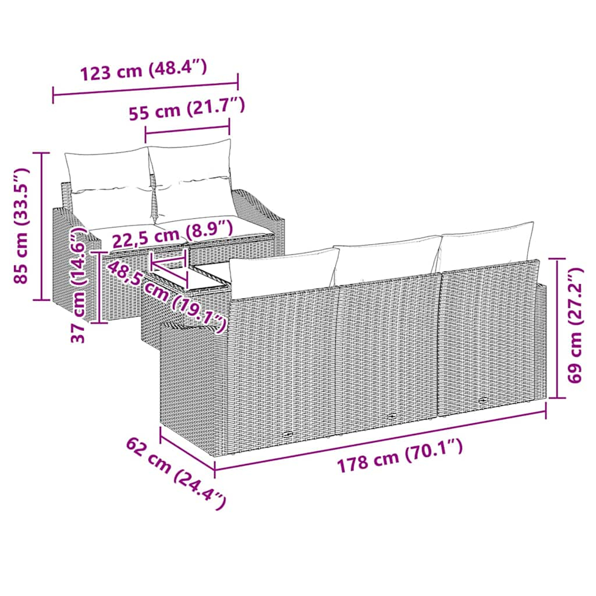Ein geflochtenes Sofaset mit Kissen und Abmessungen in cm und Zoll. Enthält ein Sofa, einen Tisch und einen Sitz.
