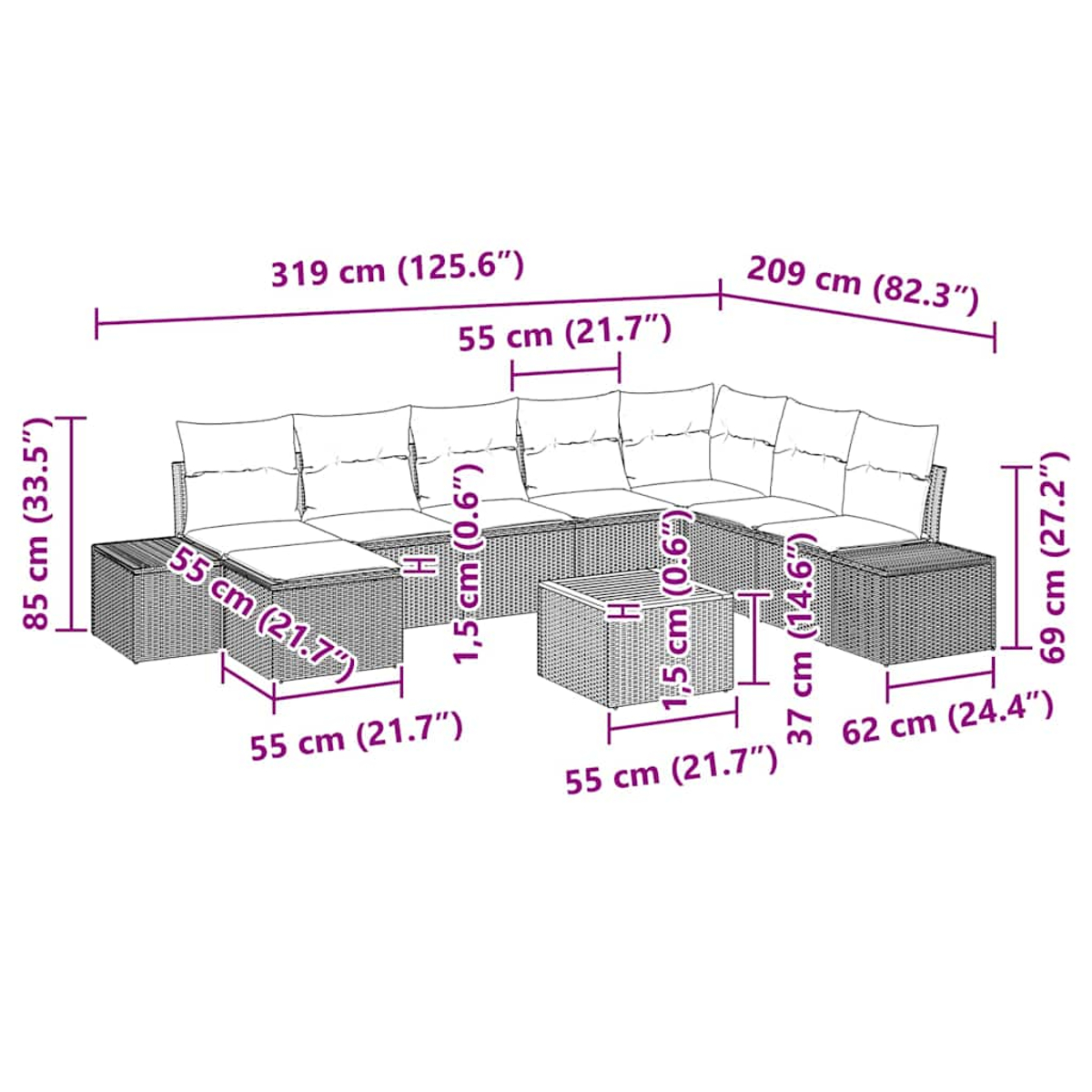 Ein geflochtenes Sofaset mit Abmessungen in cm und Zoll. Enthält ein L-förmiges Sofa und einen Tisch.