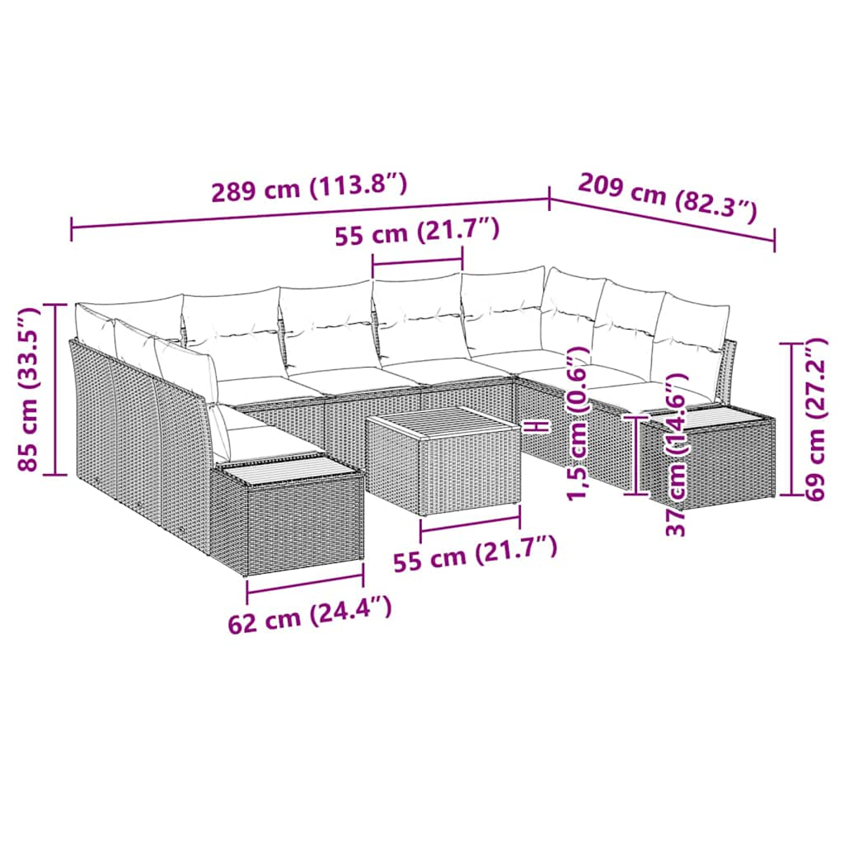 Sektionssofa aus Korbgeflecht mit weißen Kissen und beschrifteten Maßen.