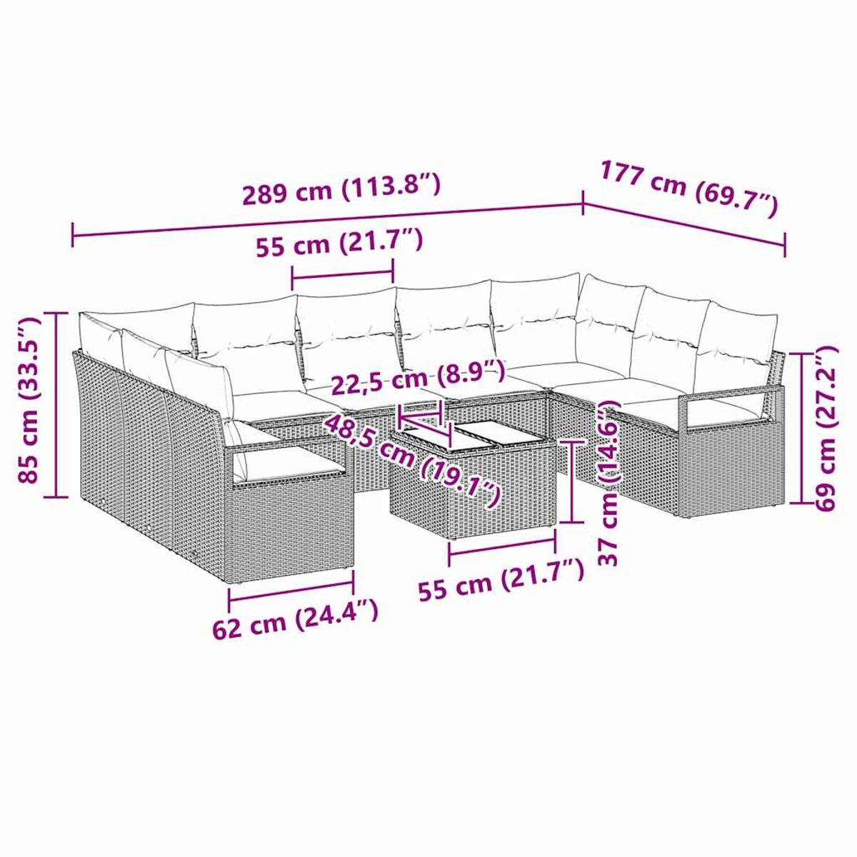 Diagramm eines Outdoor-Sofasets aus Korbgeflecht mit Abmessungen. Das Set enthält ein Ecksofa-Layout und einen Tisch.