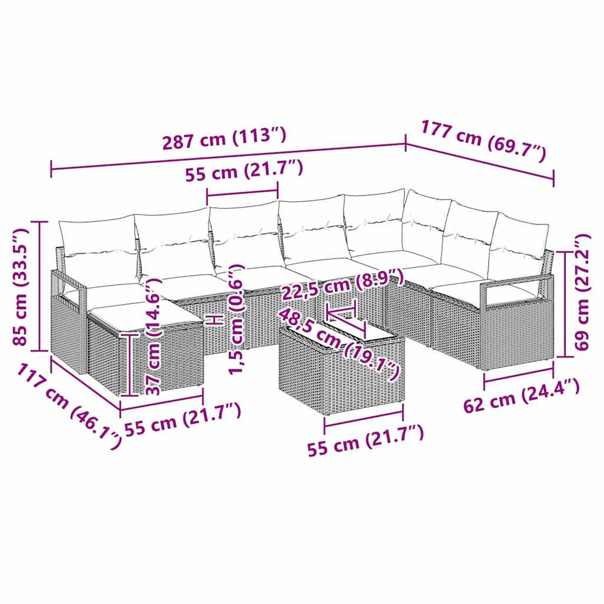 Diagramm eines Outdoor-Sofasets aus Korbgeflecht mit Abmessungen. Es enthält einen Tisch und eine Eckkonfiguration.