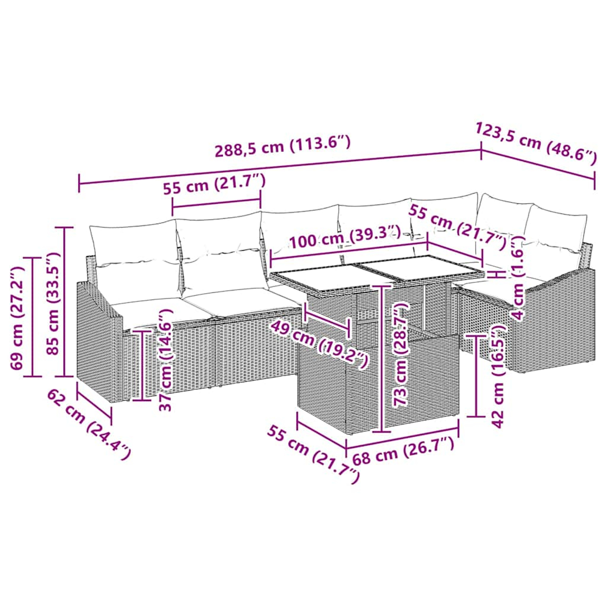 Diagramm eines Outdoor-Sofasets aus Korbgeflecht mit Tisch, das Abmessungen in Zentimetern und Zoll zeigt.