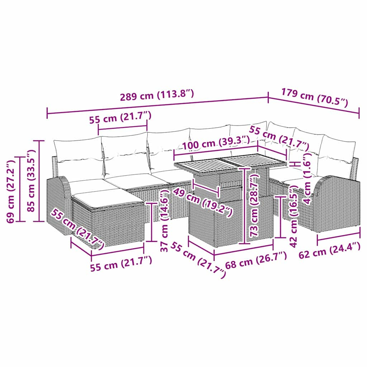 Diagramm eines Outdoor-Sofasets aus Korbgeflecht mit Tisch, das Abmessungen zeigt. Enthält ein Eck-Layout.