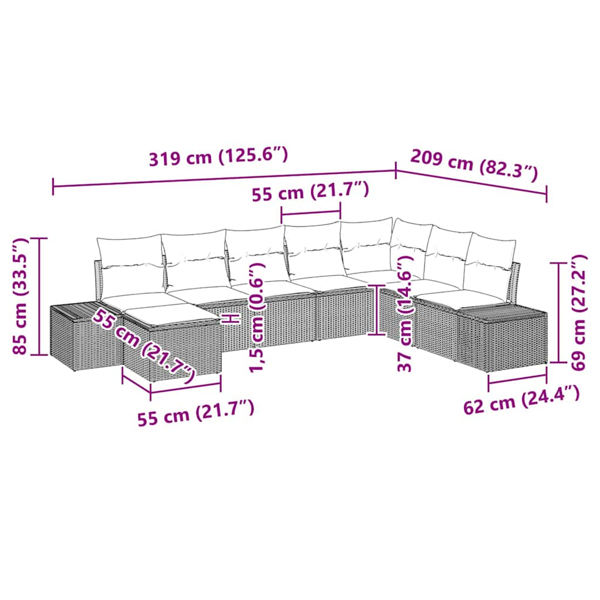 Diagramm eines Outdoor-Sofasets aus Korbgeflecht mit Abmessungen in Zentimetern und Zoll. Kein Tisch enthalten.