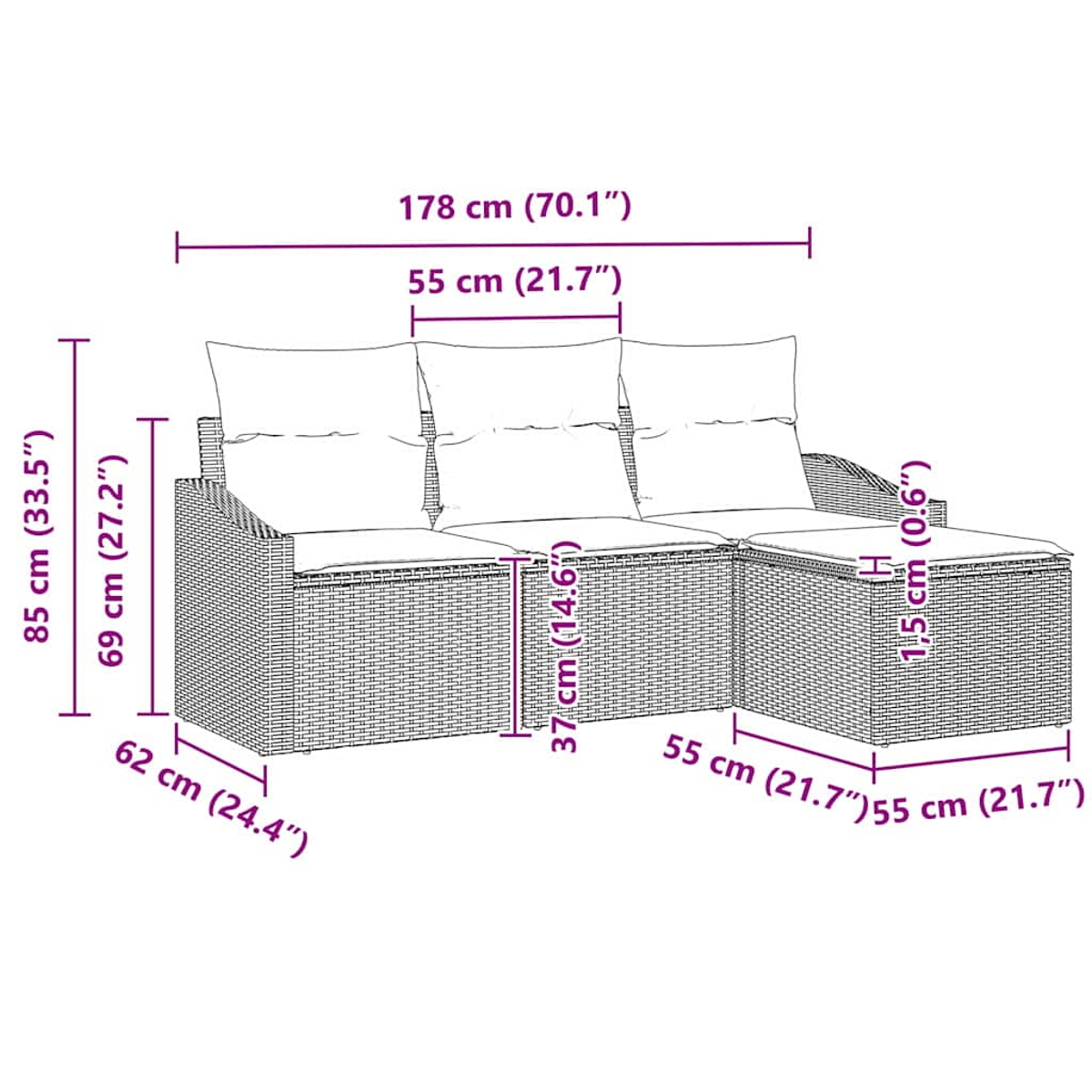 Diagramm eines Outdoor-Sofasets aus Korbgeflecht mit Abmessungen. Es ist ein Dreisitzer-Sofa mit angebauter Chaiselongue.