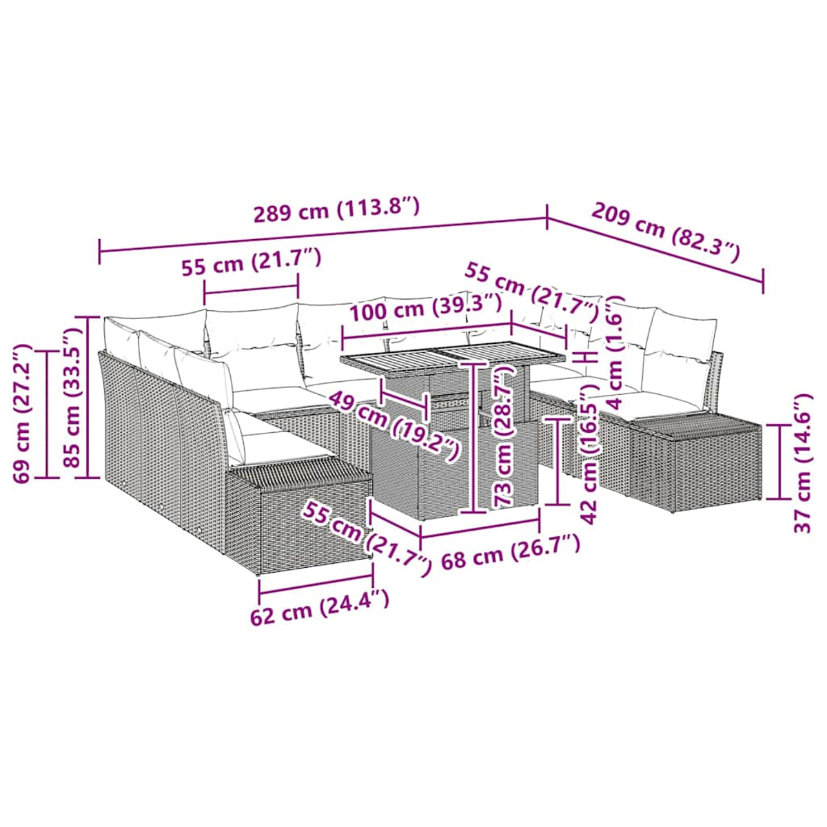 Ein Diagramm, das ein Outdoor-Sofaset aus Korbgeflecht mit einem Tisch zeigt und Messungen in Zentimetern und Zoll anzeigt.