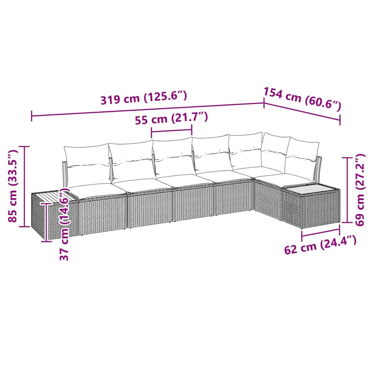 Ein Diagramm eines Outdoor-Sofasets aus Korbgeflecht mit Abmessungen. Verfügt über ein Ecksofa-Layout.