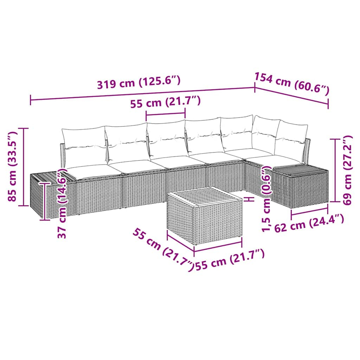 Ein braunes Ecksofa aus Korbgeflecht mit weißen Kissen, Couchtisch und Abmessungen.