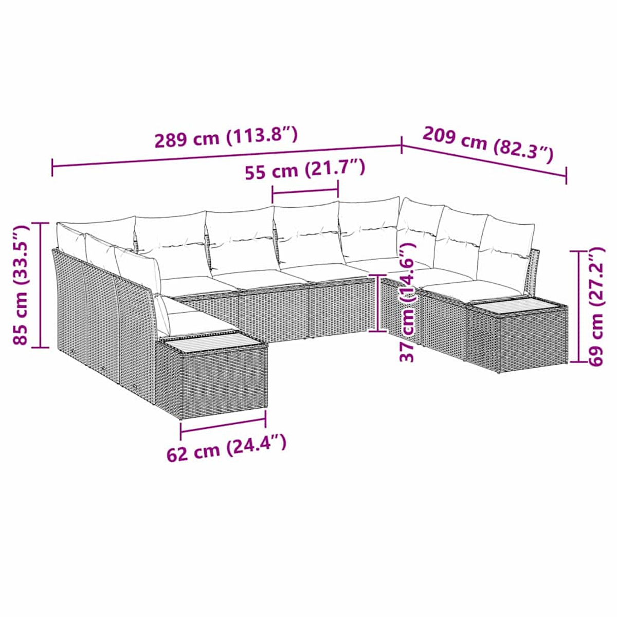 Ein braunes Ecksofa aus Korbgeflecht mit weißen Kissen, Abmessungen sind angegeben.