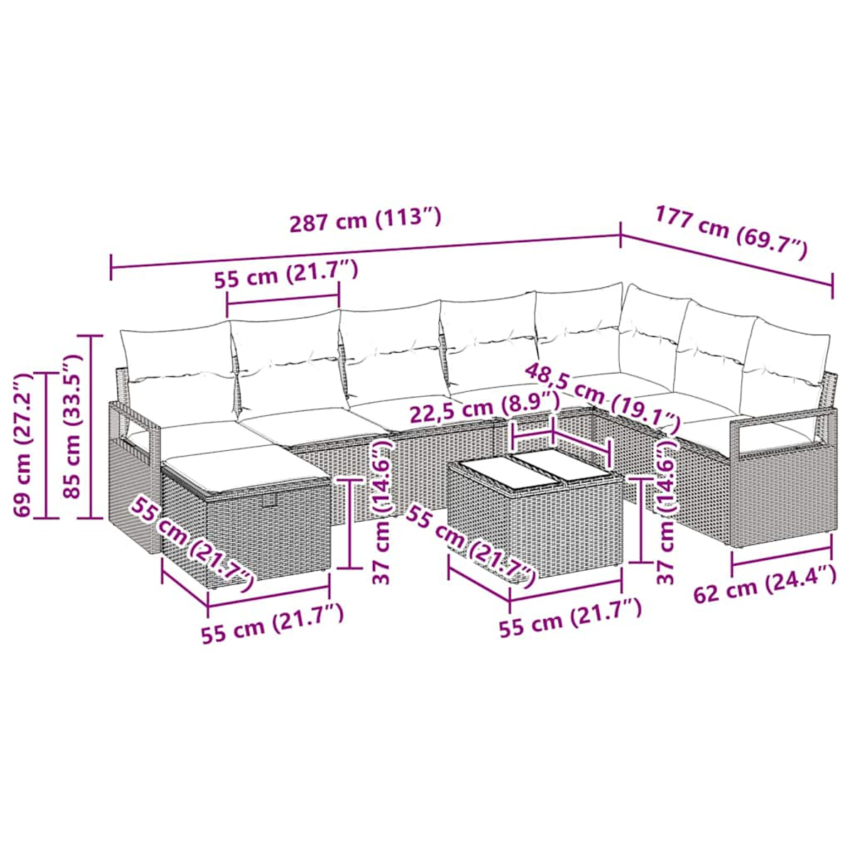 Outdoor-Ecksofa mit Maßen. Enthält Sofa, Tisch und Ottomane, alle mit Messungen.
