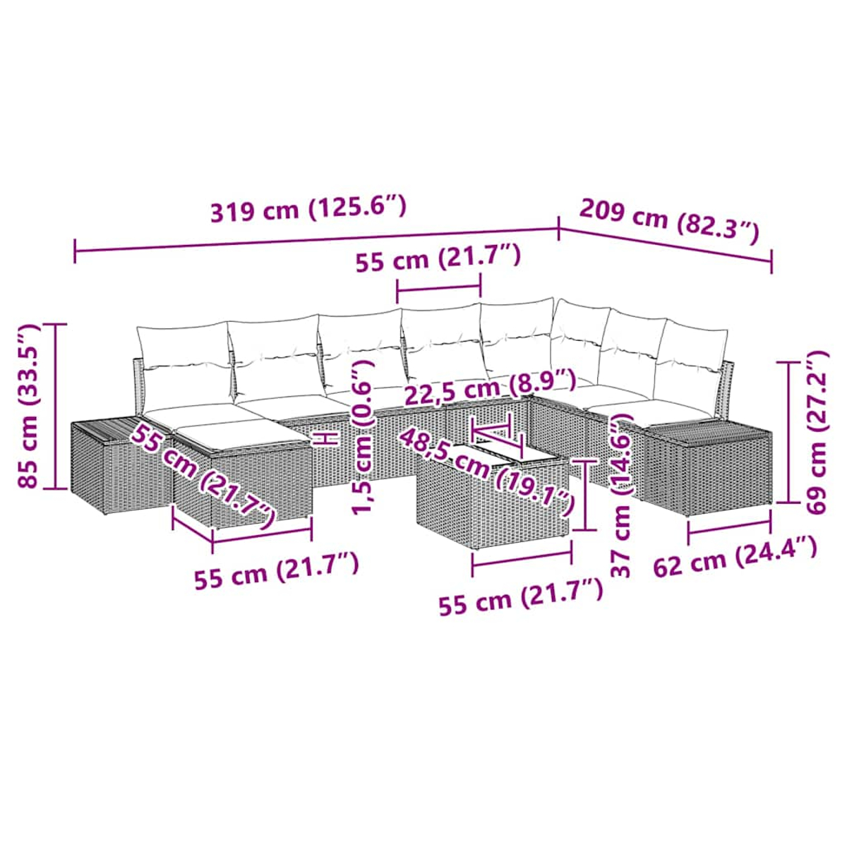Outdoor-Ecksofa mit Maßen. Enthält Sofa, Tisch und Ottomane, alle mit Messungen.