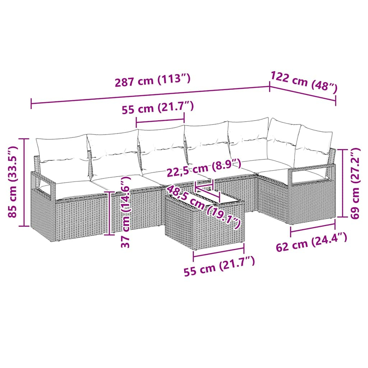 Outdoor-Ecksofa mit Maßen. Verfügt über Sitzgelegenheiten, Tisch und Ottomane mit Messungen.