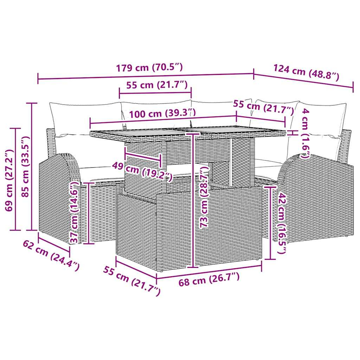 Outdoor-Wickerset mit Tisch und zwei Sofas, Abmessungen in cm und Zoll angegeben.