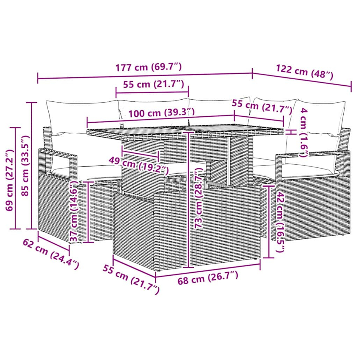 Gartenmöbel-Set mit Maßen. Enthält einen Tisch und ein Sofa mit Kissen.
