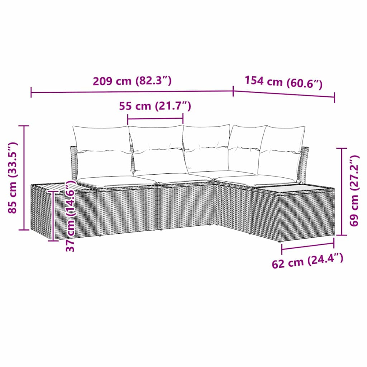 L-förmiges Outdoor-Sofa mit Maßen. Verfügt über Kissen und ein Korbmuster.